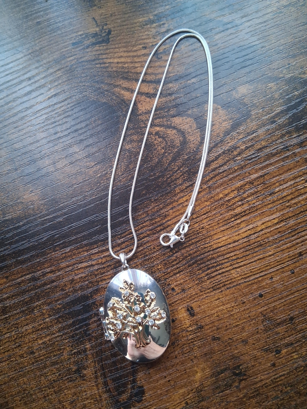 Avon Silver Oval Locket Necklace with Gold Tree Accent